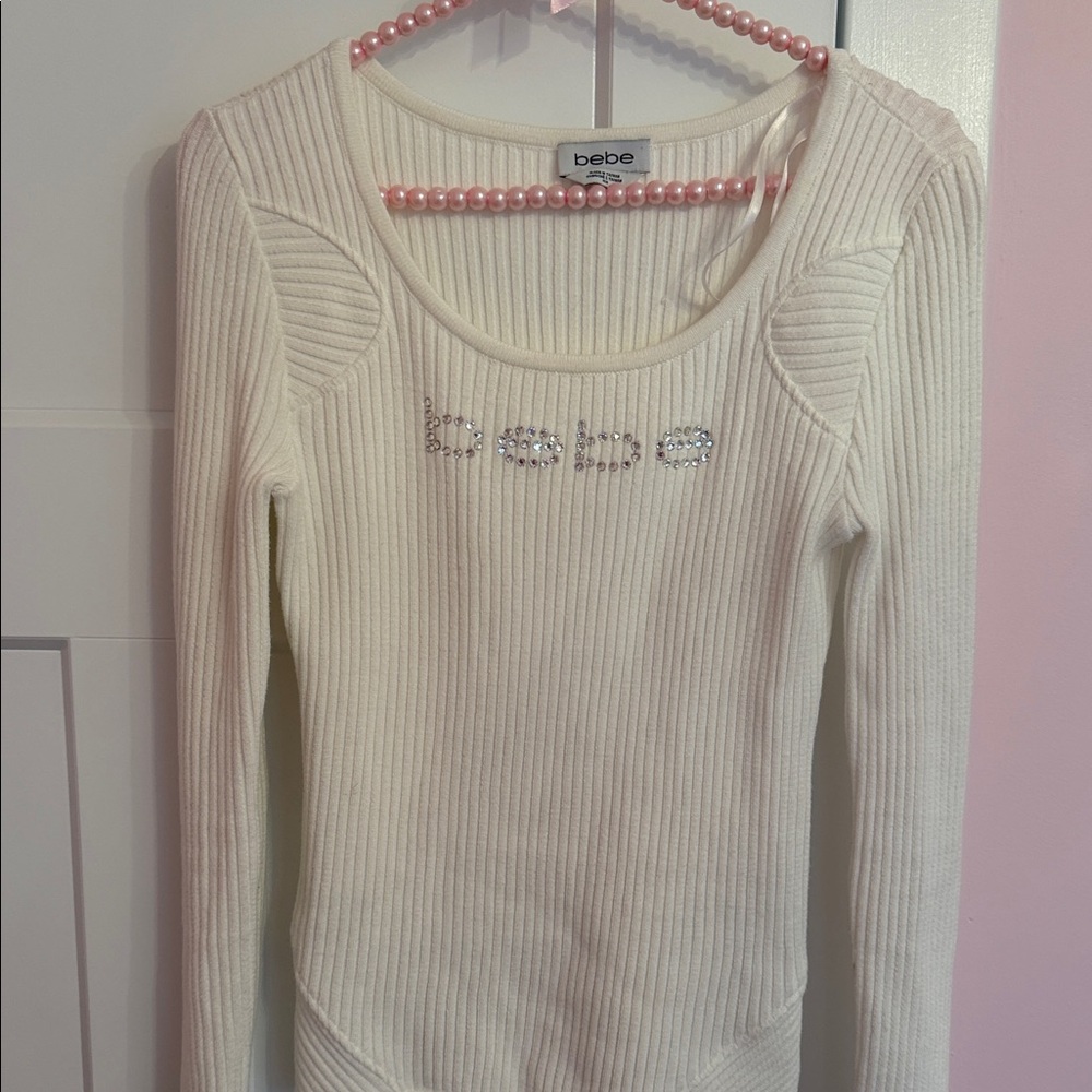 Bebe Cream Ribbed Embellished Top